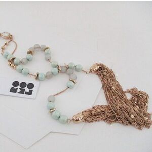 NWT! Romolo Elegant Gold Tone Oval Green Beaded Iridescent Long Necklace Tassel